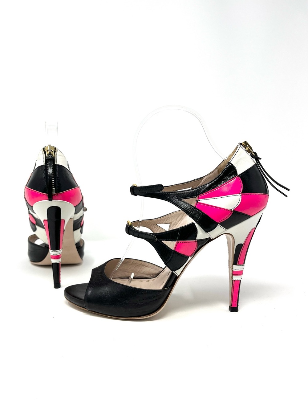 Vintage Miu Miu Y2K Strappy Mary Jane Sandals High Heels Black Pink White 38 8